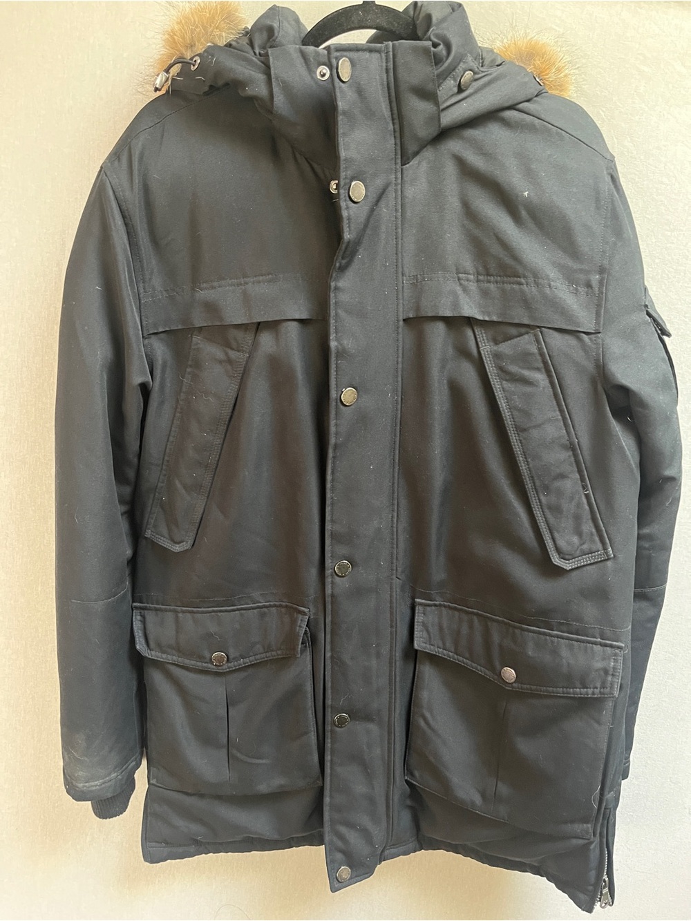 Pajar Men's Black Down Insulated Winter Parka Jacket Fox Fur Trim Hood Size S